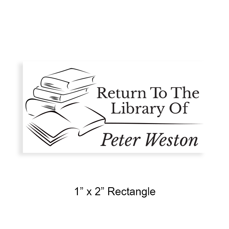 Personalized 1" x 2" rectangle book stamp. Line art books design. 5 mount options available. Wood, self-inking, pocket & pre-inking. Fast shipping.