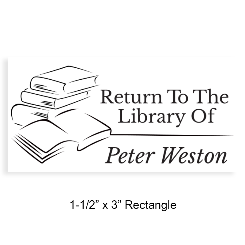 Personalized 1-1/2" x 3" rectangle book stamp. Line art books design on 4 mount options: wood, self-inking and pre-inking. Fast shipping.