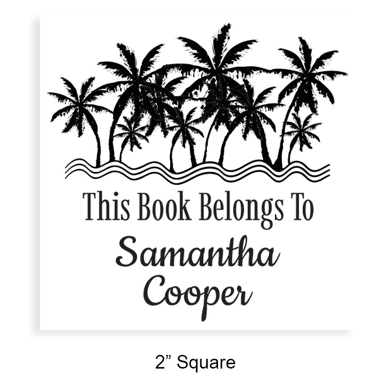 Made-to-order 2" square book stamp. Palm beach design. 3 mount options available. Wood hand stamp and pre-inking. Fast shipping.