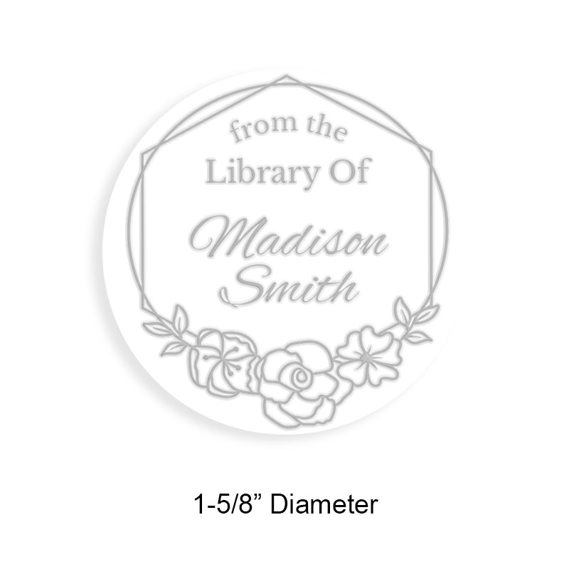 Personalize this 1-5/8" round book embosser. Flowering border design. 3 different mount options available. Desk, gift and pocket. Fast shipping.