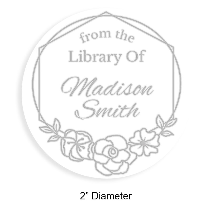 Tailor-made 2" round book embosser. Flowering border design. 4 mount options available. Desk, gift, pocket and EX long reach. Fast shipping.