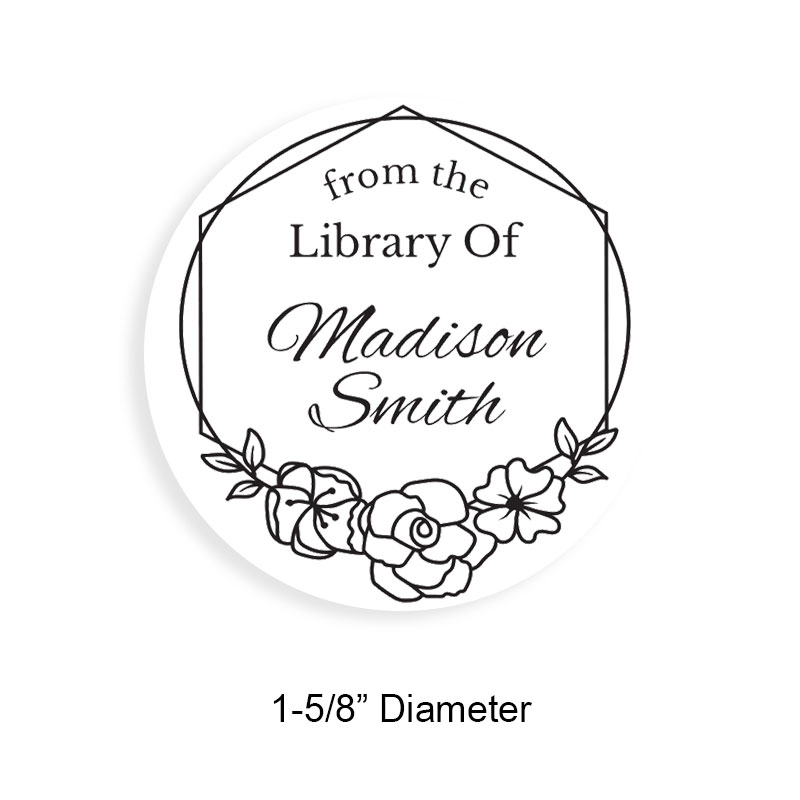Personalize this 1-5/8" round book stamp. Flowering border design. 6 mount options available. Wood, self-inking and pre-inking. Fast shipping.
