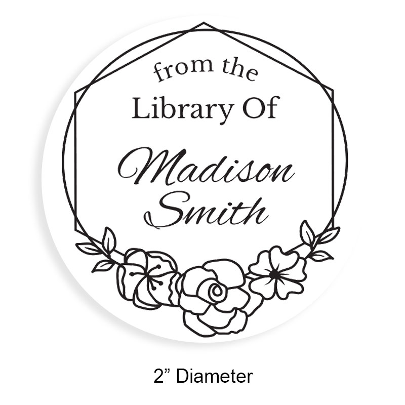 Tailor-made 2" round book stamp. Flowering border design. 6 mount options available. Wood, self-inking and pre-inking. Fast shipping.