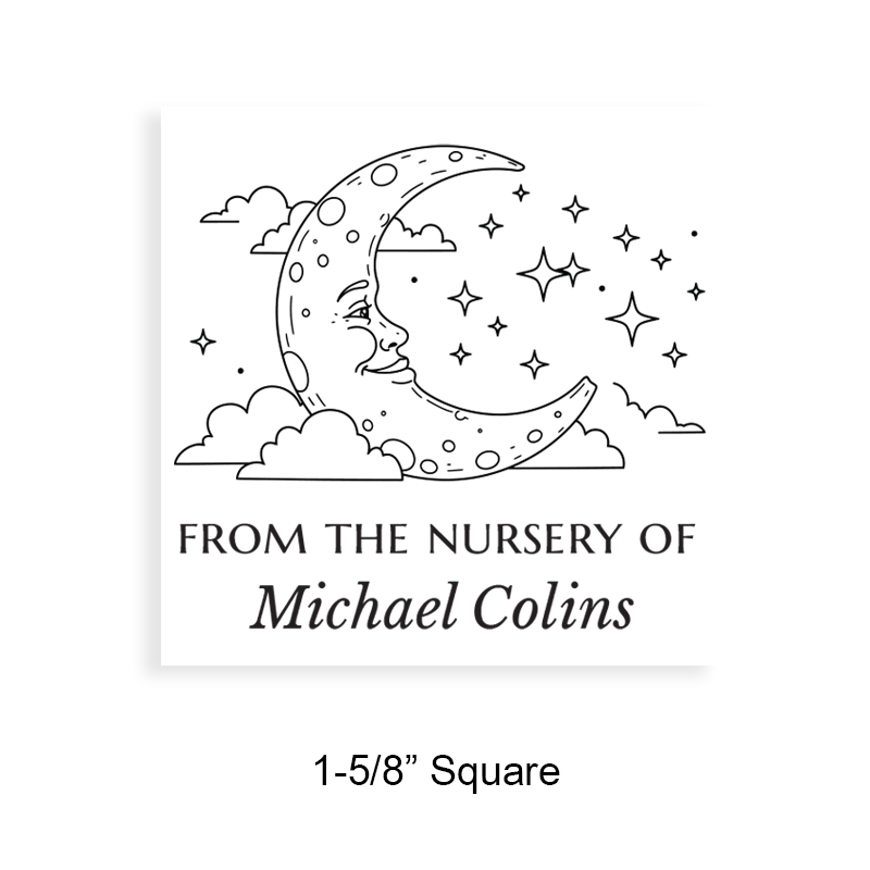 Tailor-made 1-5/8" square book stamp. Night sky design. 7 mount options available. Wood, self-inking and pre-inking. Fast shipping.