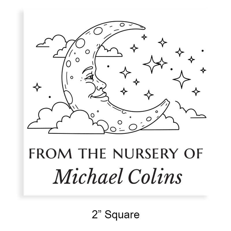 Customizable 2" square book stamp. Night sky design. 3 mount options available. Wood hand stamp and pre-inking. Fast shipping.