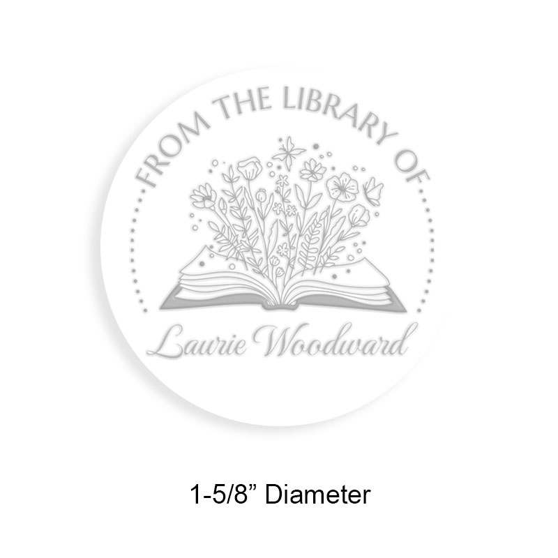 Personalized 1-5/8" round book embosser. Blooming flower book design. 3 different mount options available. Desk, gift and pocket. Fast shipping.