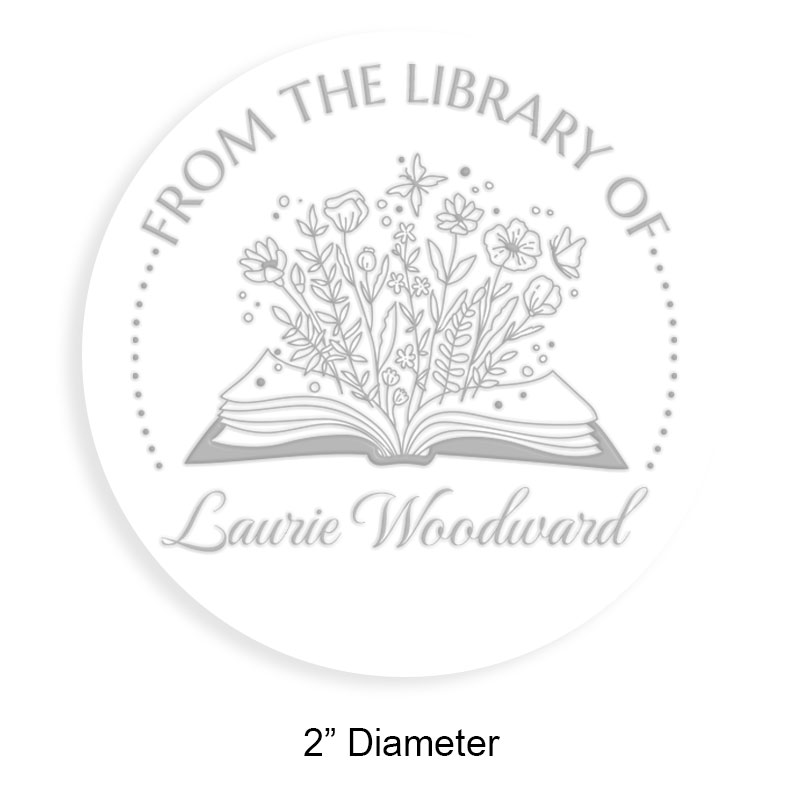 Custom-made 2" round book embosser. Blooming flower book design. 4 mount options available. Desk, gift, pocket and EX long reach. Fast shipping.
