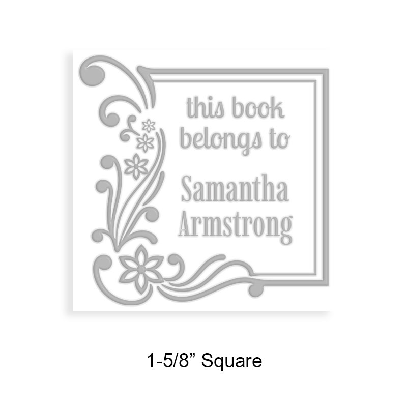 Made-to-order 1-5/8" square book embosser. Floral corner frame design. 3 mount options available. Desk, gift and pocket. Fast shipping.
