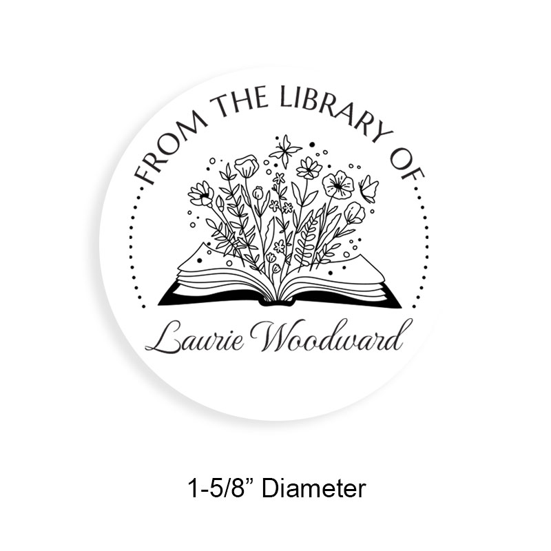 Personalized 1-5/8" round book stamp. Blooming flower book design. 6 mount options available. Wood, self-inking and pre-inking. Fast shipping.