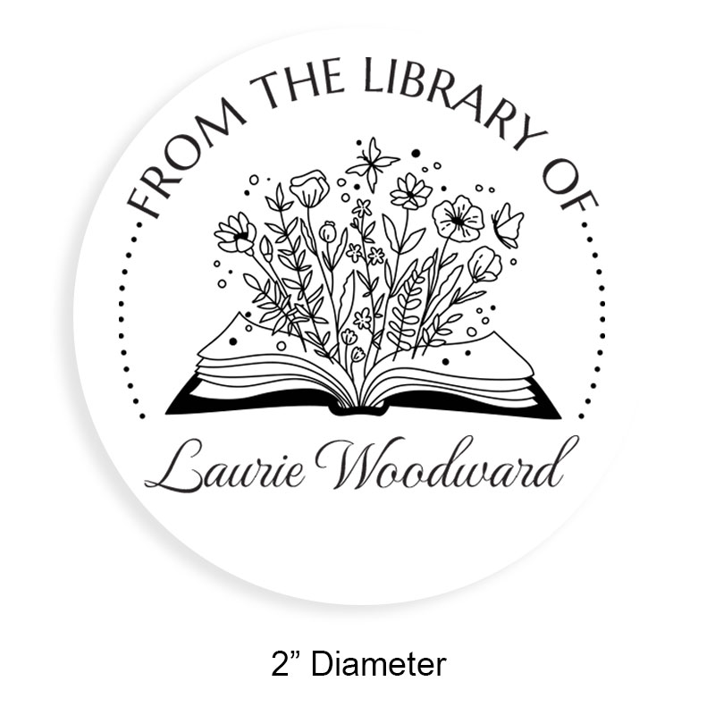 Custom-made 2" round book stamp. Blooming flower book design. 6 mount options available. Wood, self-inking and pre-inking. Fast shipping.