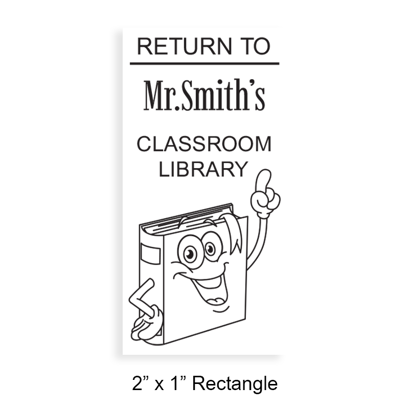 Personalize this 2" x 1" rectangle book stamp. Caricature book design. 5 mount options available. Wood, self-inking, pocket & pre-inking. Fast shipping.