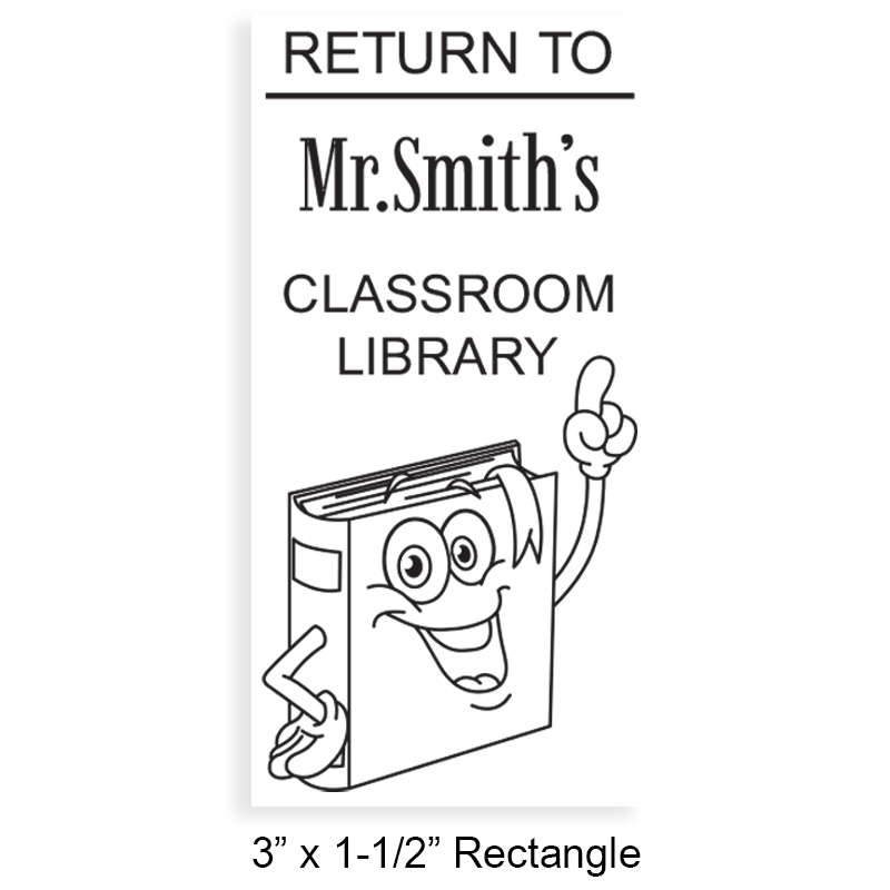 Customizable 3" x 1-1/2" rectangle library stamp. Caricature book design. 4 mount options available. Wood, self-inking and pre-inking. Fast shipping.