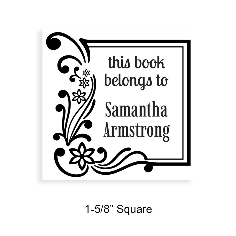 Made-to-order 1-5/8" square book stamp. Floral corner frame design. 7 mount options available. Wood, self-inking and pre-inking. Fast shipping.