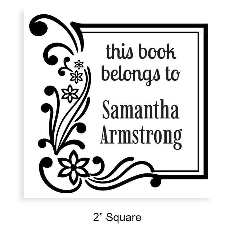 Personalize this 2" square book stamp. Floral corner frame design. 3 mount options available. Wood hand stamp and pre-inking. Fast shipping.