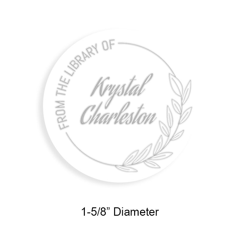 Customizable 1-5/8" round book embosser. Line and leaf border design. 3 different mount options available. Desk, gift and pocket. Fast shipping.