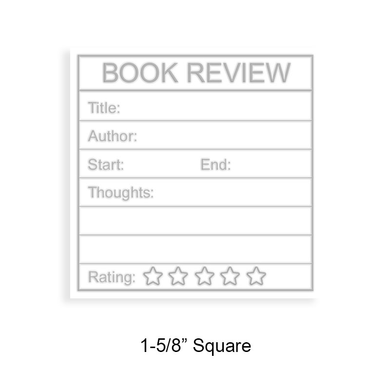 Tailor-made 1-5/8" square book embosser. Notepad book review design. 3 mount options available. Desk, gift and pocket. Fast shipping.