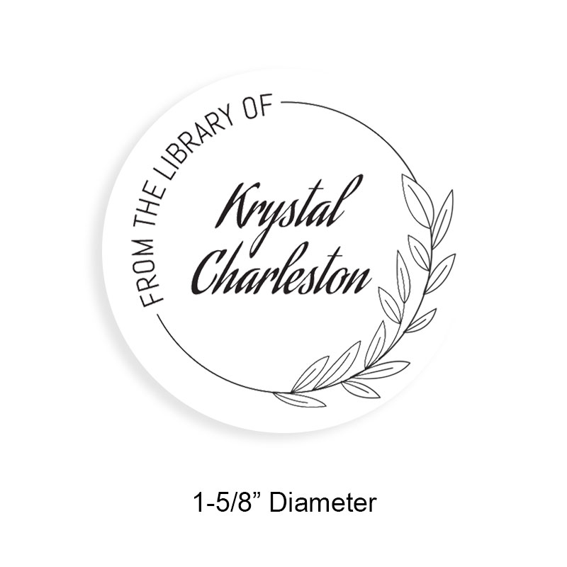 Customizable 1-5/8" round book stamp. Line and leaf border design. 6 mount options available. Wood, self-inking and pre-inking. Fast shipping.