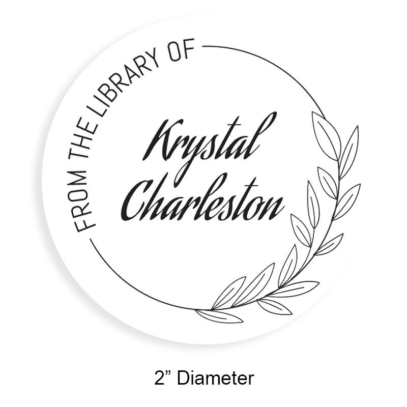 Made-to-order 2" round book stamp. Line and leaf border design. 6 mount options available. Wood, self-inking and pre-inking. Fast shipping.