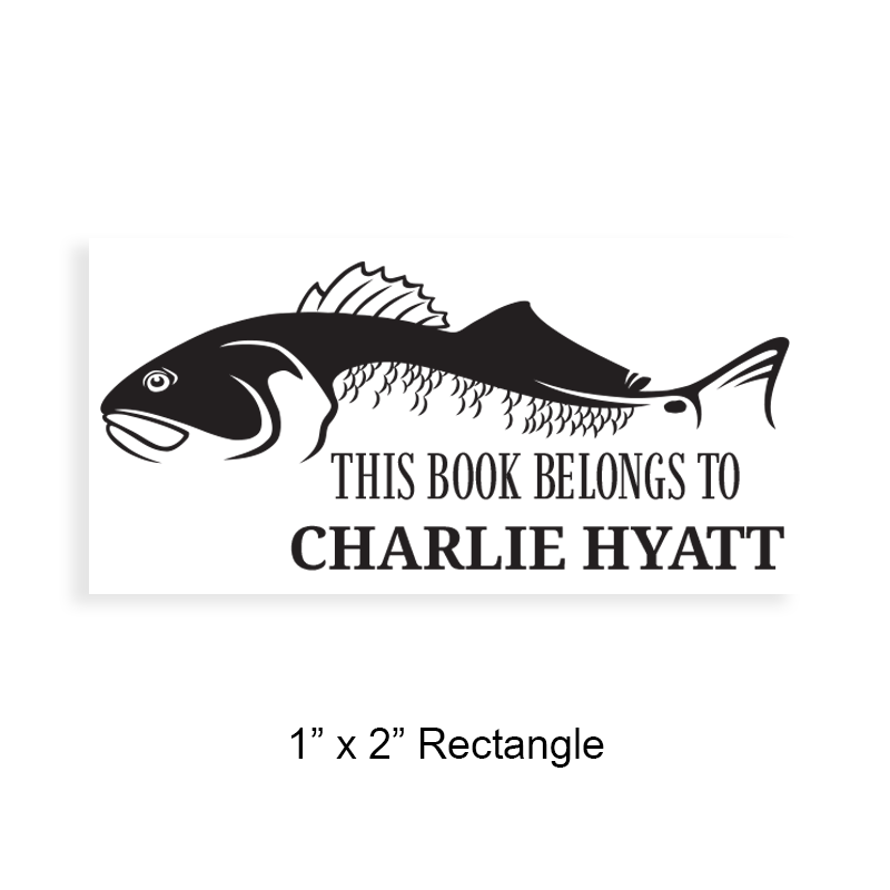 Made-to-order 1" x 2" rectangle book stamp. Bass fish design. 5 mount options available. Wood, self-inking, pocket & pre-inking. Fast shipping.