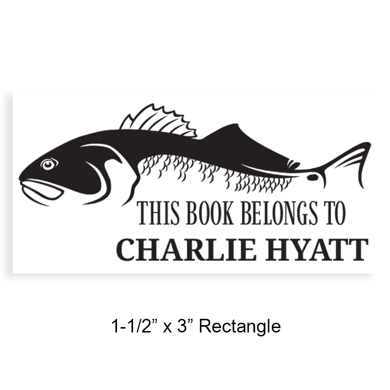 Nice catch! Bass fish library stamp design. Personalize this 1-1/2" x 3" stamp in 4 mount options: wood, self-inking and pre-inking. Fast shipping.
