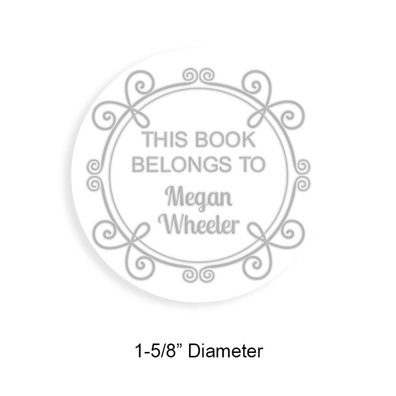 Personalize this 1-5/8" round book embosser. Decorative border design. 3 different mount options available. Desk, gift and pocket. Fast shipping.