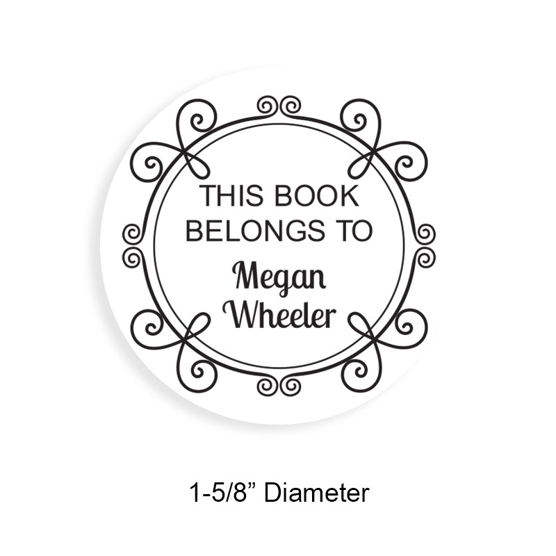 Personalize this 1-5/8" round book stamp. Decorative border design. 6 mount options available. Wood, self-inking and pre-inking. Fast shipping.