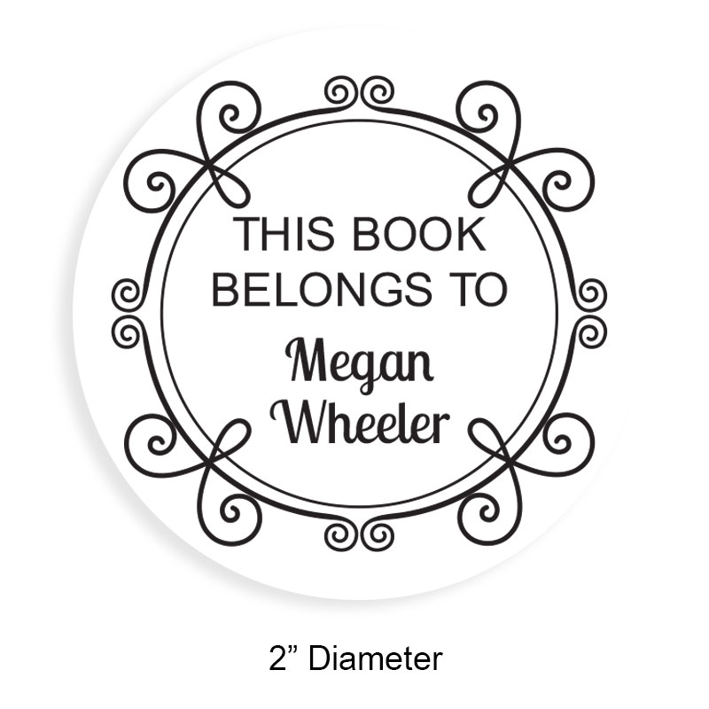 Tailor-made 2" round book stamp. Decorative border design. 6 mount options available. Wood, self-inking and pre-inking. Fast shipping.