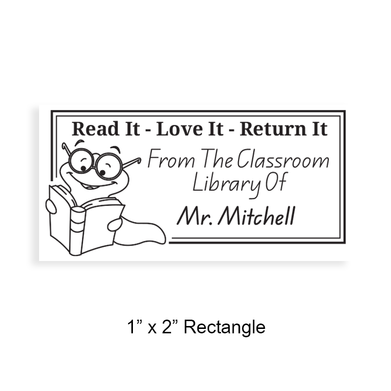 Customize this 1" x 2" rectangle book stamp. Bookworm double border design. 5 mount options in: wood, self-inking, pocket & pre-inking. Fast shipping.
