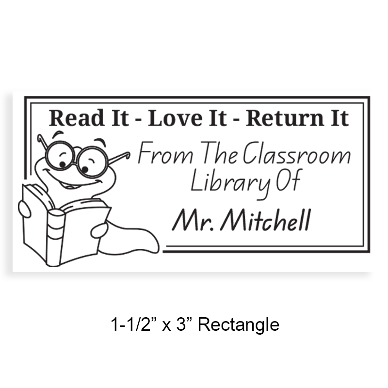 Customize this 1-1/2" x 3" rectangle book stamp. Bookworm double border design. 4 mount options available. Wood, self-inking and pre-inking. Fast shipping.