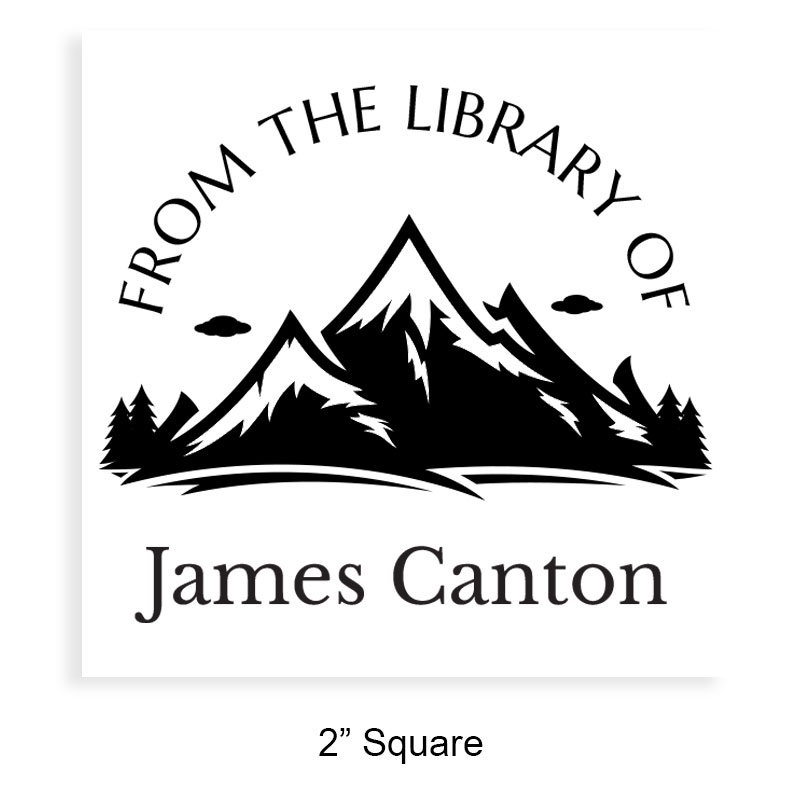 Customizable 2" square book stamp. Mountain range design. 3 mount options available. Wood hand stamp and pre-inking. Fast shipping.