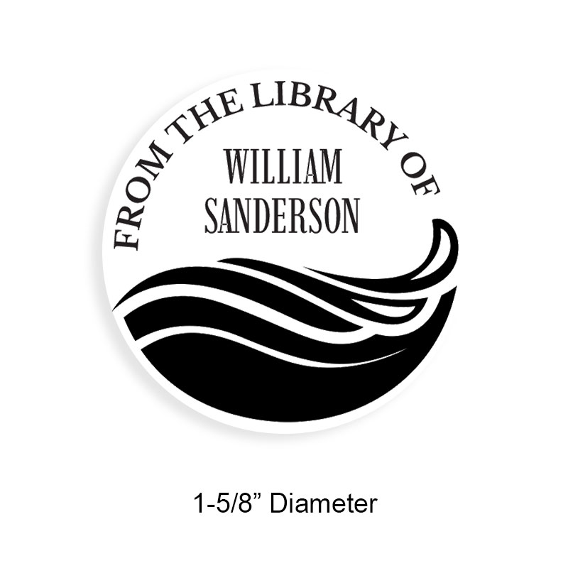 Made-to-order 1-5/8" round book stamp. Ocean waves design. 6 mount options available. Wood, self-inking and pre-inking. Fast shipping.