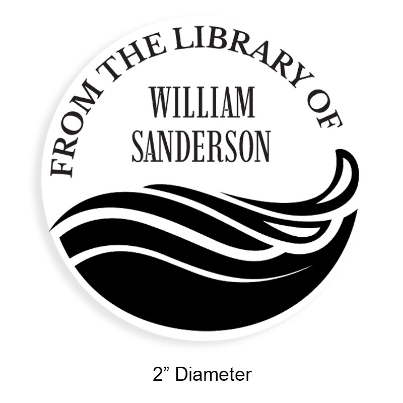 Custom-made 2" round book stamp. Ocean waves design. 6 mount options available. Wood, self-inking and pre-inking. Fast shipping.