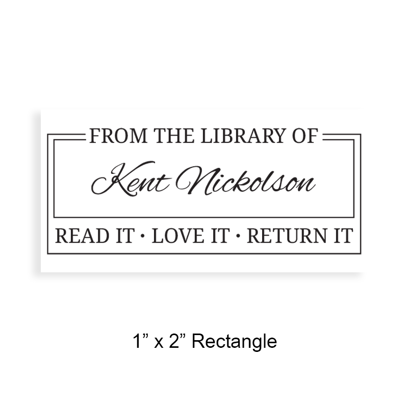 Customizable 1" x 2" library stamp. Double rectangle border design. 5 mount options available. Wood, self-inking, pocket & pre-inking. Fast shipping.