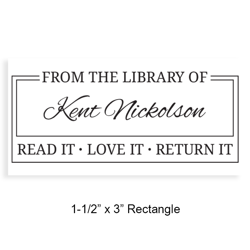 Customizable 1-1/2" x 3" rectangle book stamp. Double rectangle border design. 4 mount options available. Wood, self-inking and pre-inking. Fast shipping.