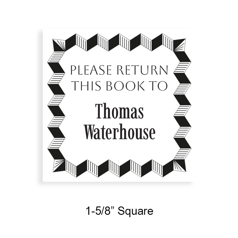 Personalized 1-5/8" square book stamp. Optical illusion frame design. 7 mount options available. Wood, self-inking and pre-inking. Fast shipping.