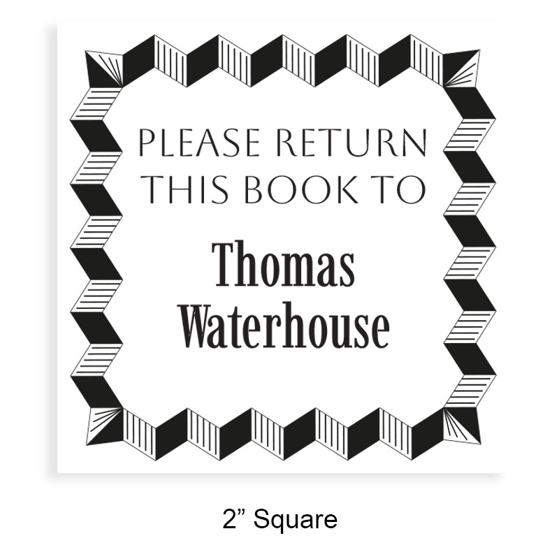 Custom-made 2" square book stamp. Optical illusion frame design. 3 mount options available. Wood hand stamp and pre-inking. Fast shipping.