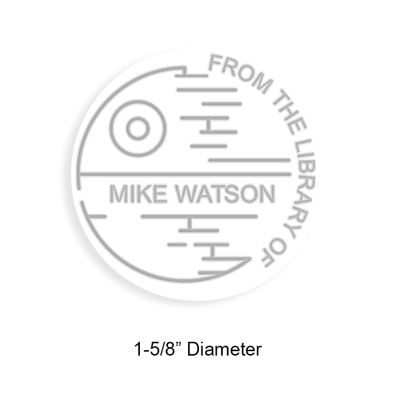 Tailor-made 1-5/8" round book embosser. Death star galaxy design. 3 different mount options available. Desk, gift and pocket. Fast shipping.