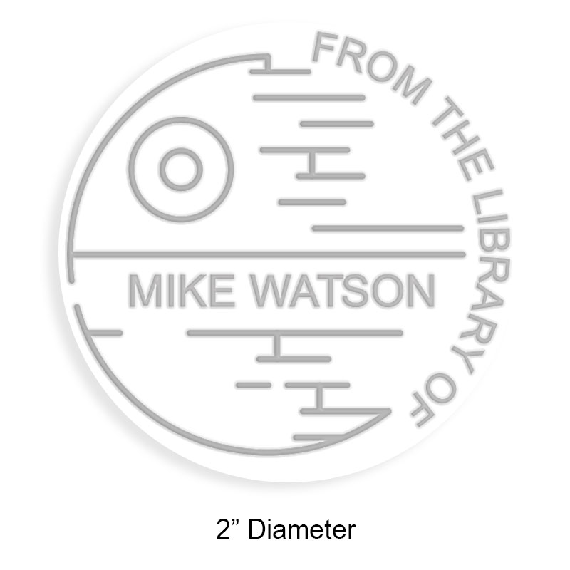 Customize this 2" round book embosser. Death star galaxy design. 4 mount options available. Desk, gift, pocket and EX long reach. Fast shipping.
