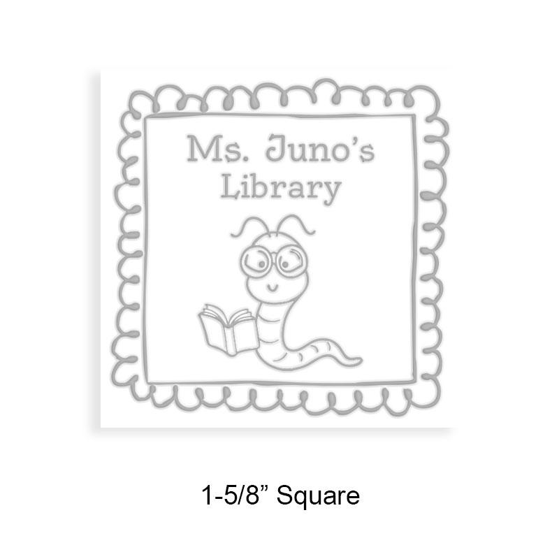 Customize this 1-5/8" square book embosser. Doodle bookworm design. 3 mount options available. Desk, gift and pocket. Fast shipping.