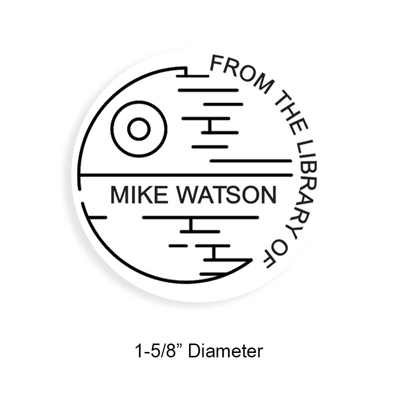 Tailor-made 1-5/8" round book stamp. Death star galaxy design. 6 mount options available. Wood, self-inking and pre-inking. Fast shipping.