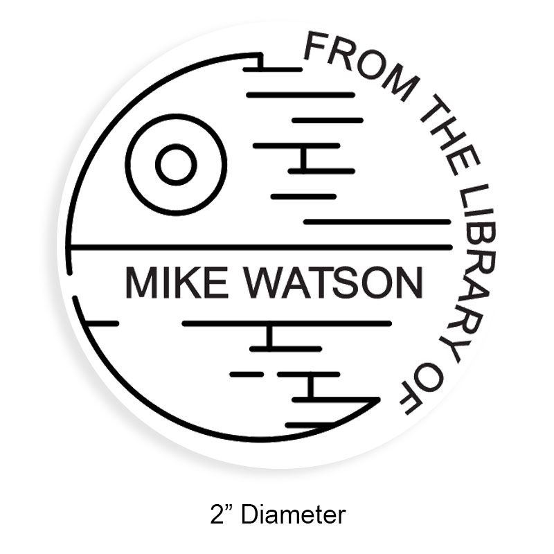 Customize this 2" round book stamp. Death star galaxy design. 6 mount options available. Wood, self-inking and pre-inking. Fast shipping.