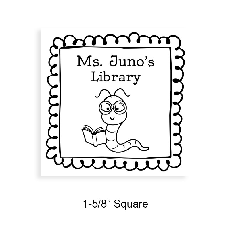Customize this 1-5/8" square book stamp. Doodle bookworm design. 7 mount options available. Wood, self-inking and pre-inking. Fast shipping.