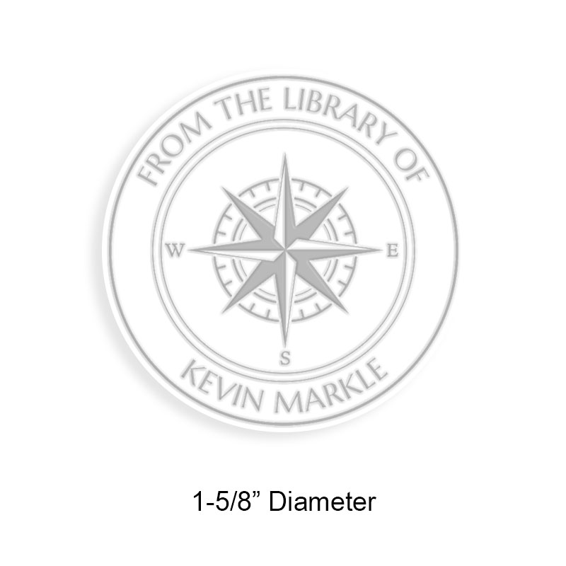 Personalize this 1-5/8" round book embosser. Compass points design. 3 different mount options available. Desk, gift and pocket. Fast shipping.