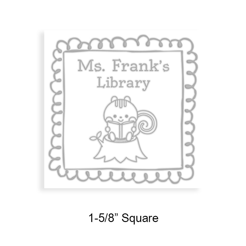 Tailor-made 1-5/8" square book embosser. Doodle squirrel reading design. 3 mount options available. Desk, gift and pocket. Fast shipping.