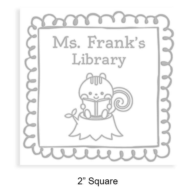 Customizable 2" square book embosser. Doodle squirrel reading design. Available on the EH desk long reach. Fast shipping.