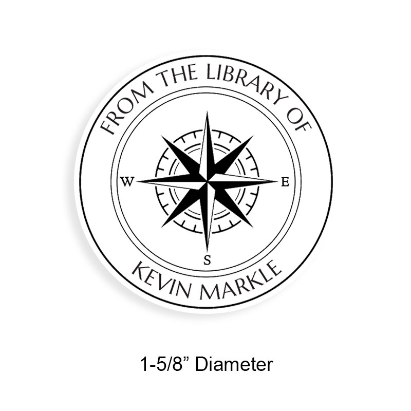 Personalize this 1-5/8" round book stamp. Compass points design. 6 mount options available. Wood, self-inking and pre-inking. Fast shipping.