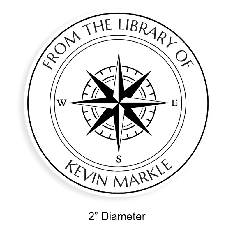 Customizable 2" round book stamp. Compass points design. 6 mount options available. Wood, self-inking and pre-inking. Fast shipping.
