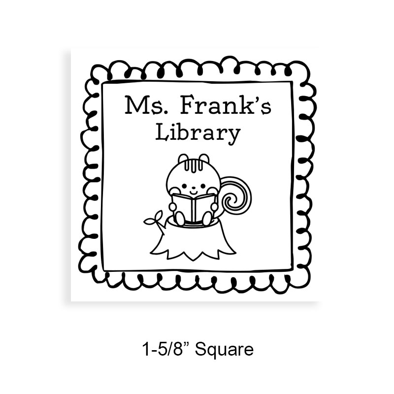 Tailor-made 1-5/8" square book stamp. Doodle squirrel reading design. 7 mount options available. Wood, self-inking and pre-inking. Fast shipping.