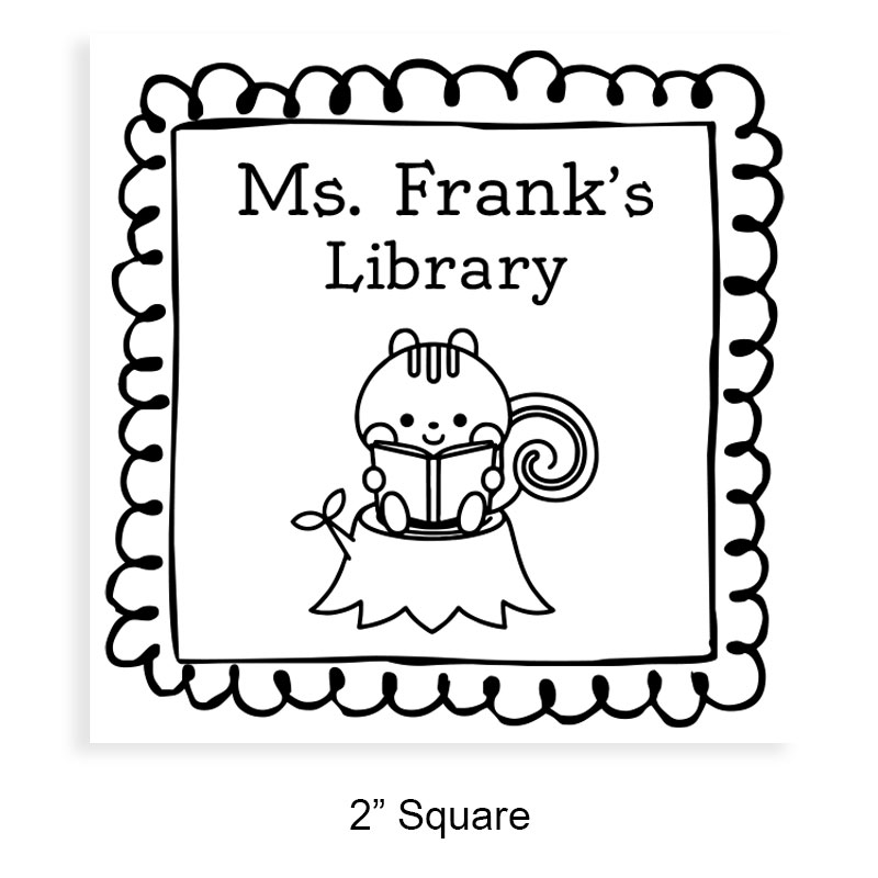 Customizable 2" square book stamp. Doodle squirrel reading design. 3 mount options available. Wood hand stamp and pre-inking. Fast shipping.