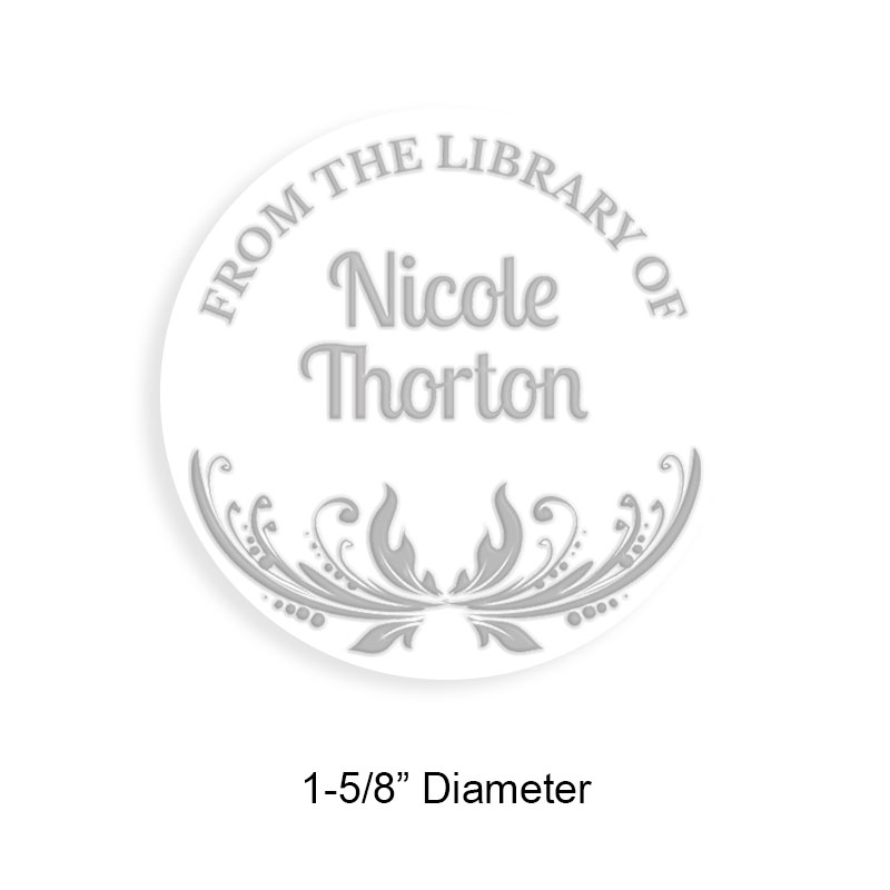 Personalized 1-5/8" round book embosser. Decorative open border design. 3 different mount options available. Desk, gift and pocket. Fast shipping.